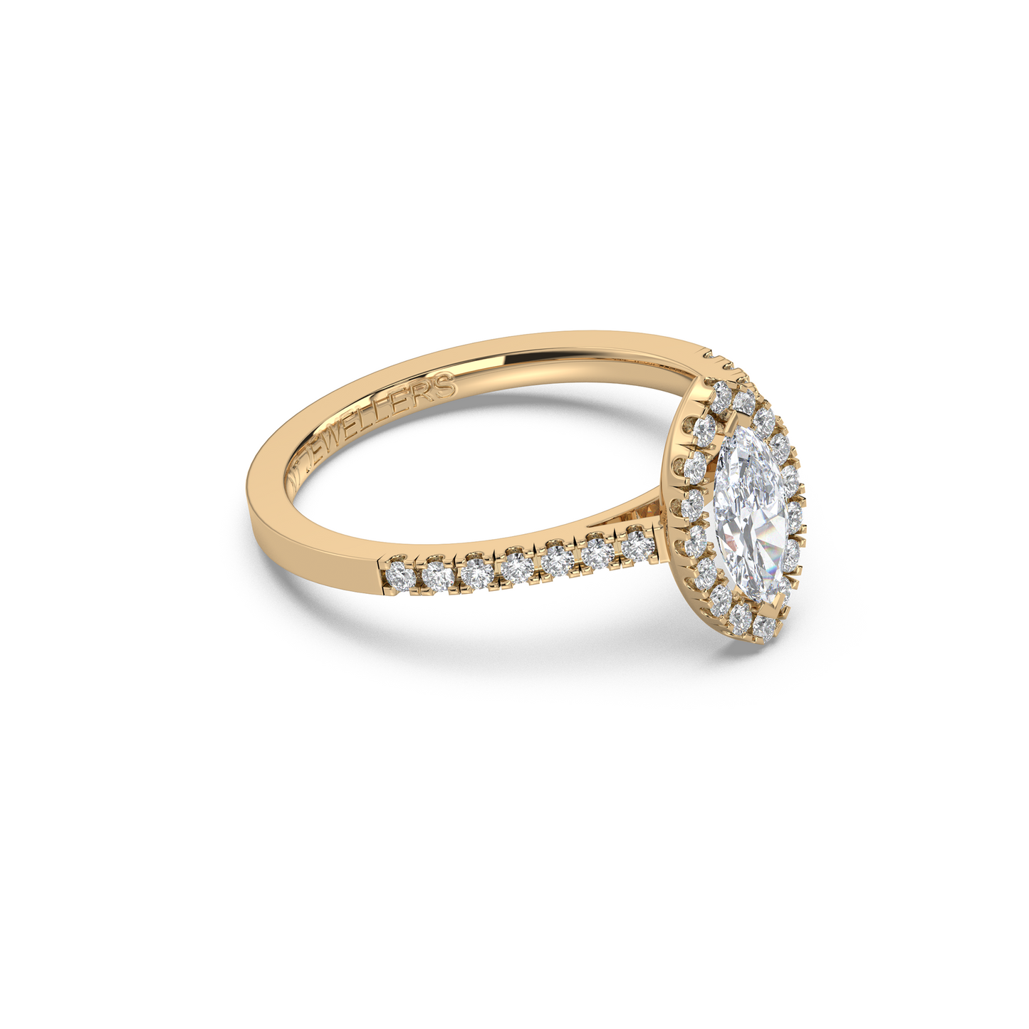 Halo-ring med marquiseslipad diamant och sidostenar, i rödguld, tidlös elegans