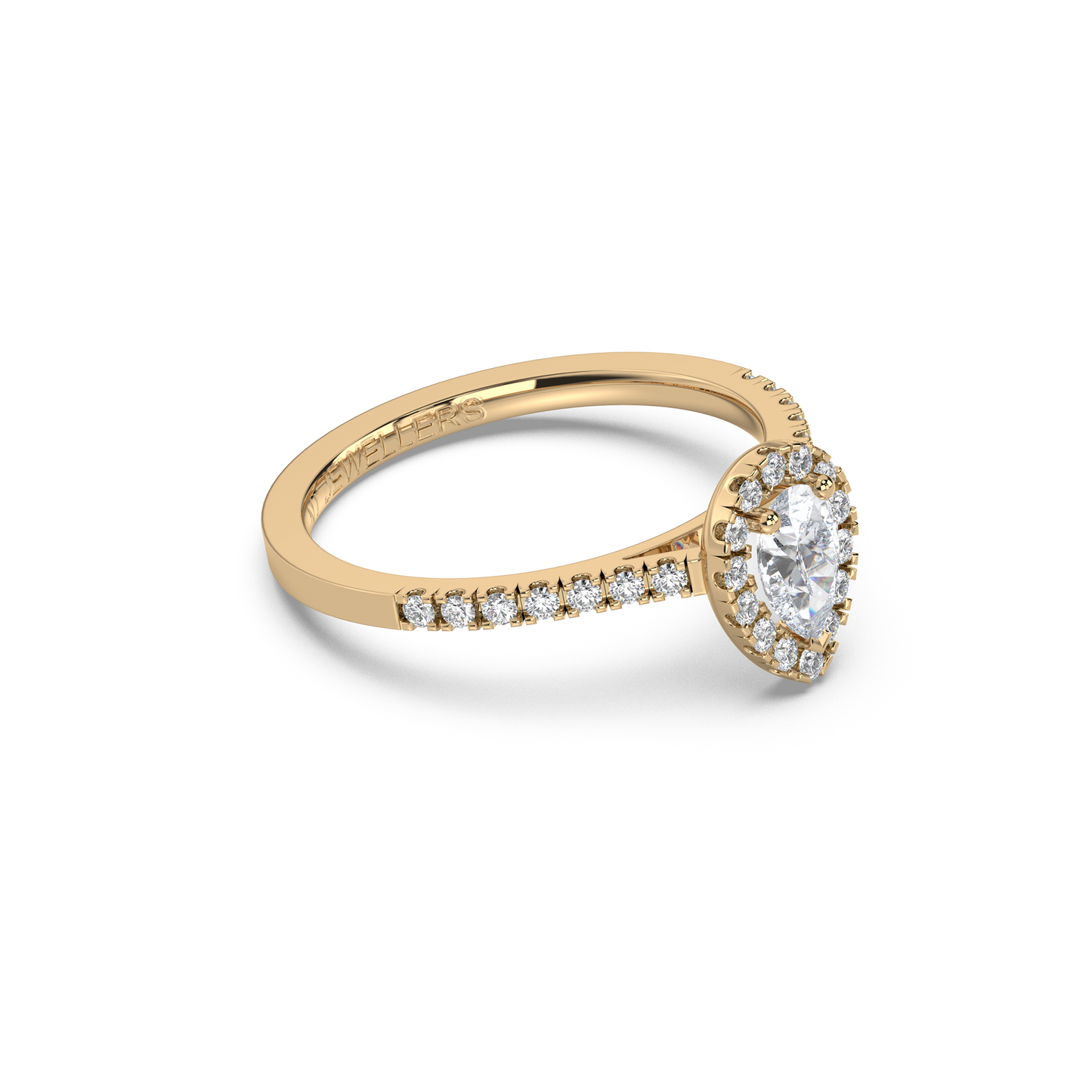 Halo-ring med päronslipad diamant och sidostenar, i rödguld, tidlös elegans