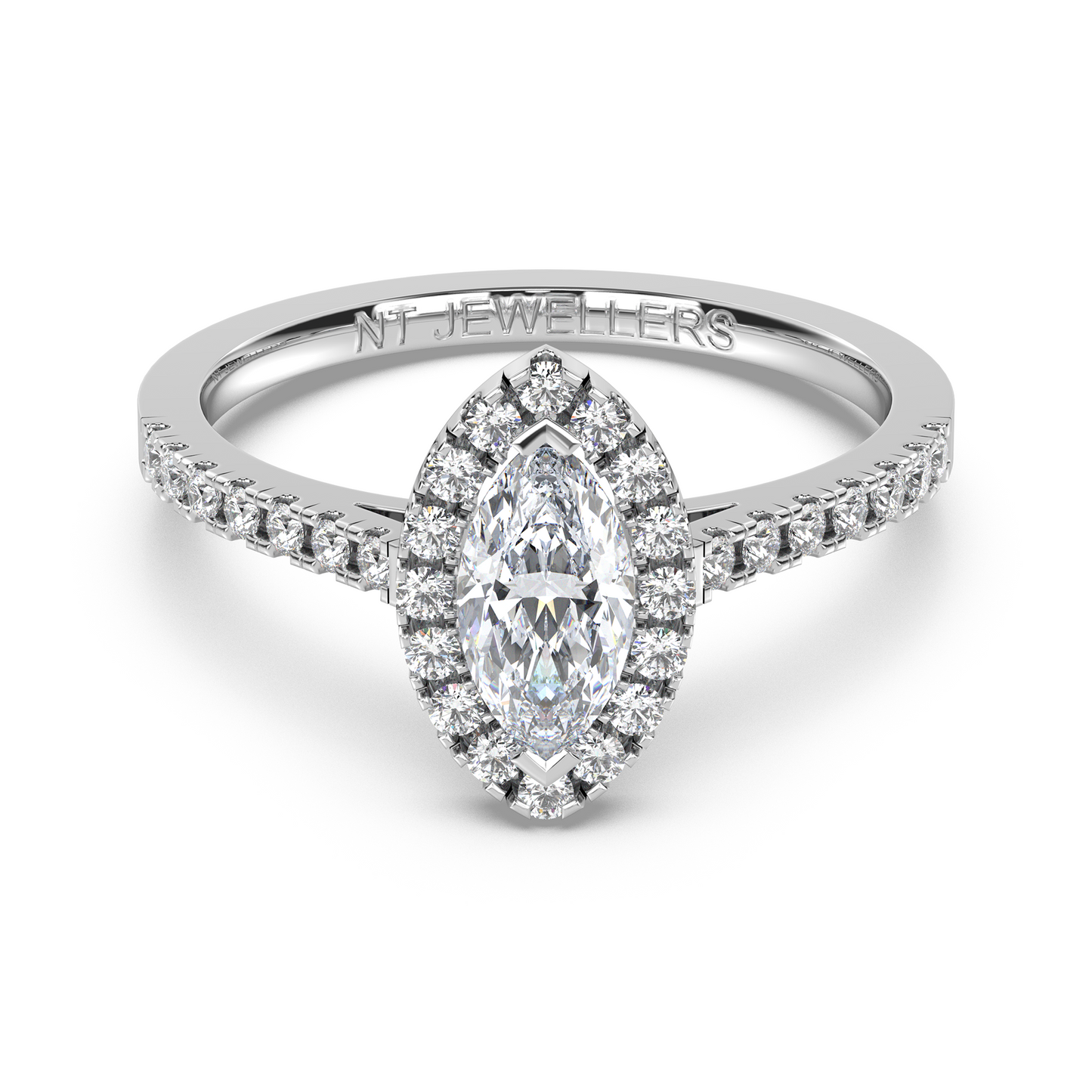 Halo-ring med marquiseslipad diamant och sidostenar, i platina, tidlös elegans