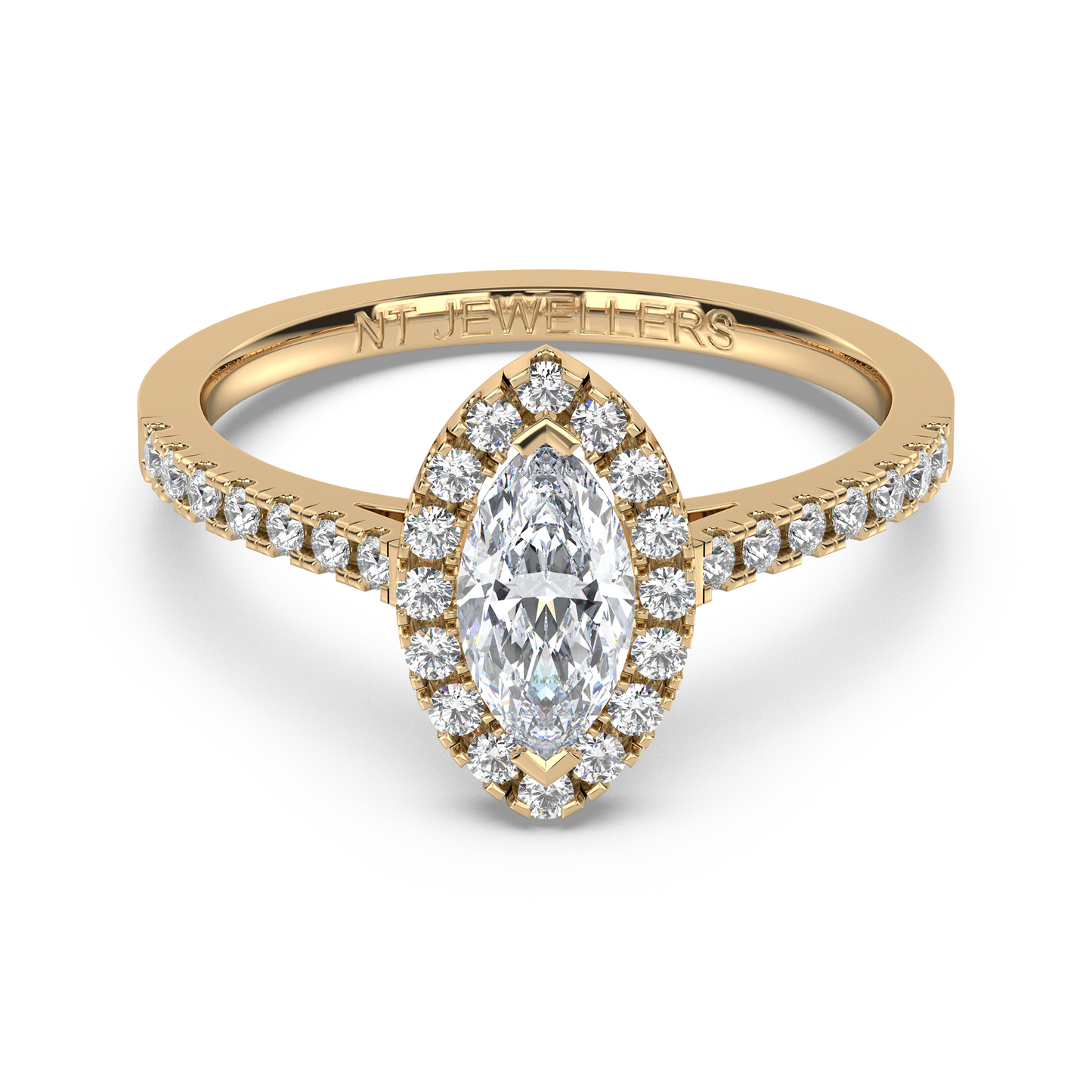 Halo-ring med marquiseslipad diamant och sidostenar, i rödguld, tidlös elegans