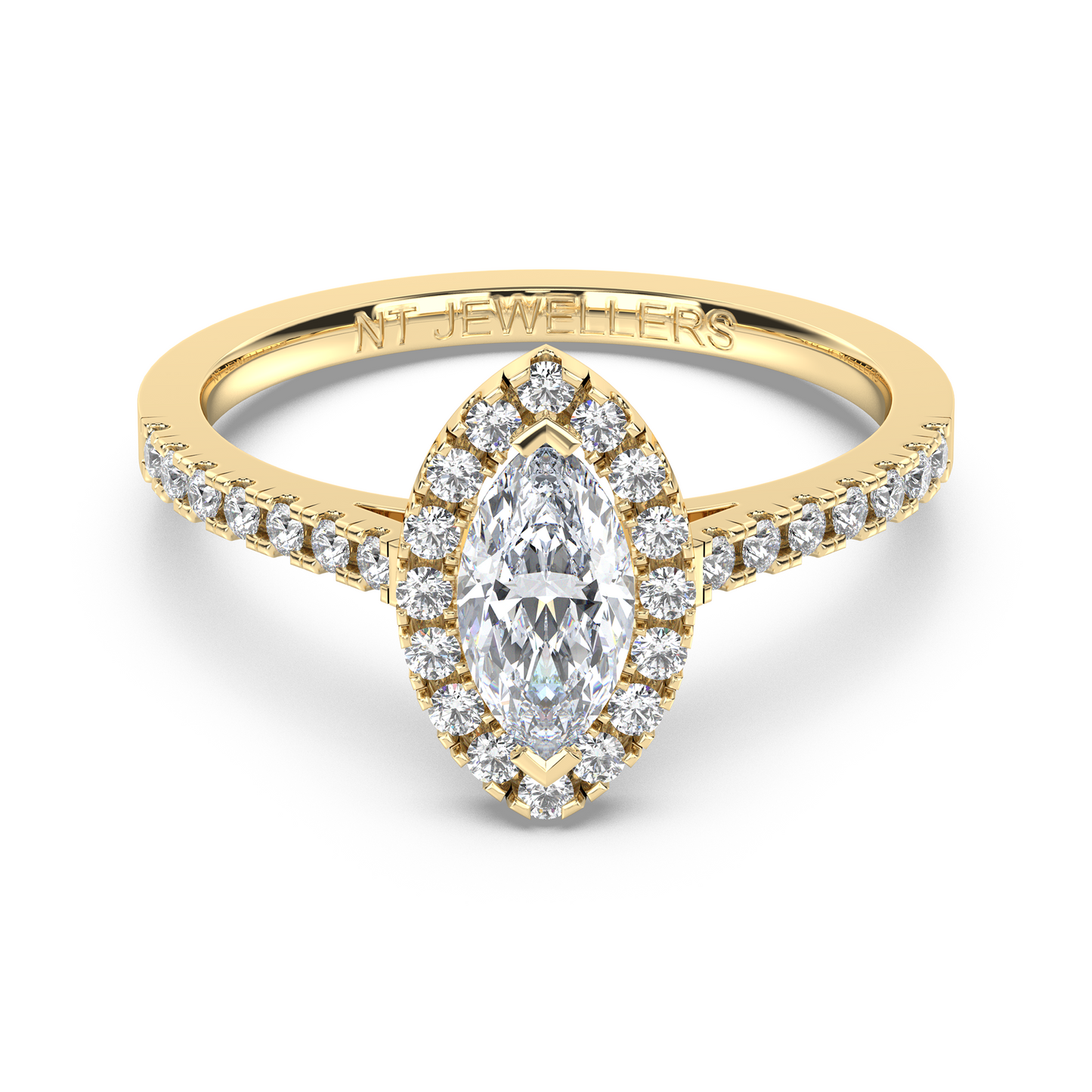 Halo-ring med marquiseslipad diamant och sidostenar, i gulguld, tidlös elegans