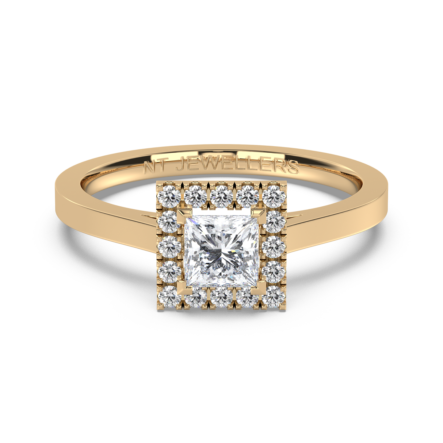 Halo-ring med princesslipad diamant och sidostenar, i rödguld, tidlös elegans
