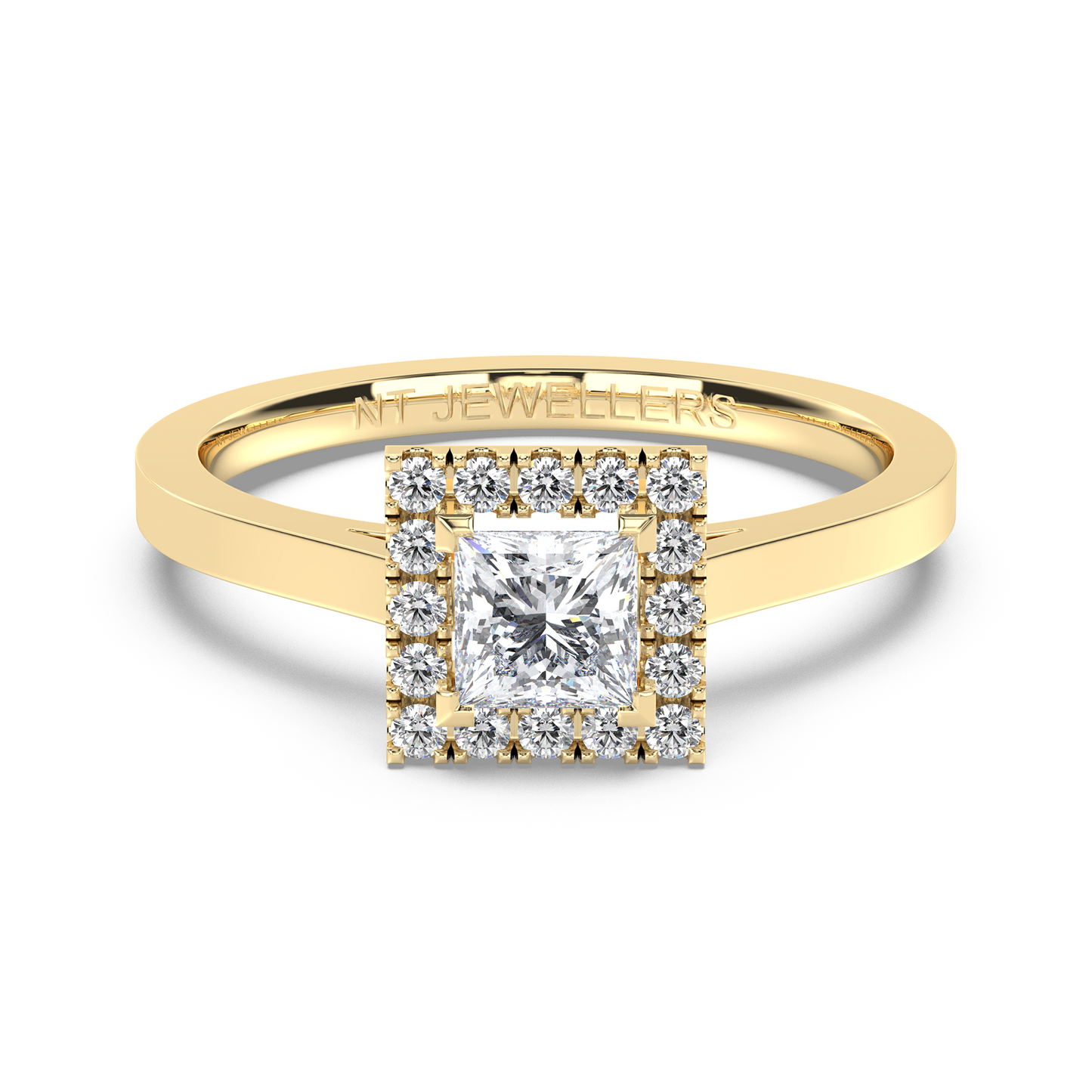 Halo-ring med princesslipad diamant och sidostenar, i gulguld, tidlös elegans