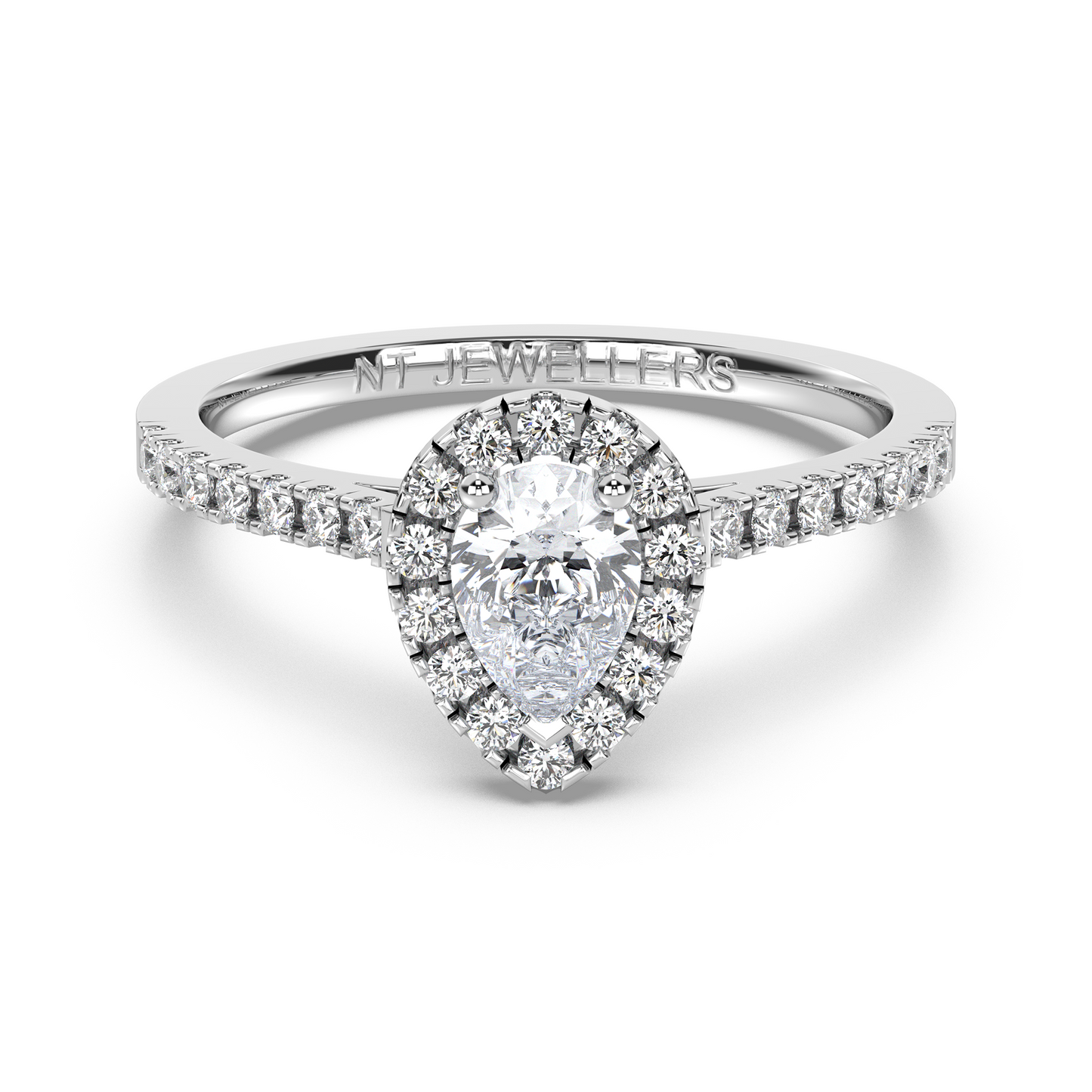 Halo-ring med päronslipad diamant och sidostenar, i platina, tidlös elegans