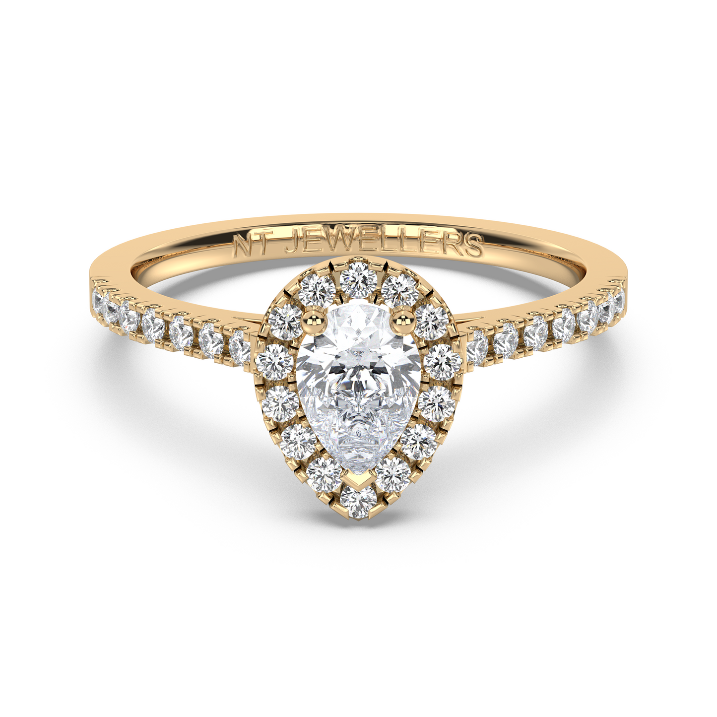 Halo-ring med päronslipad diamant och sidostenar, i rödguld, tidlös elegans