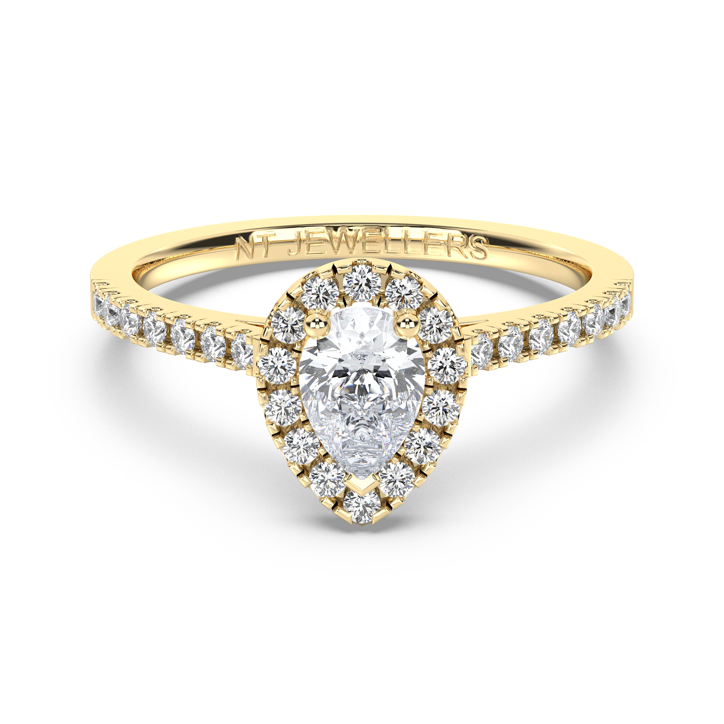 Halo-ring med päronslipad diamant och sidostenar, i gulguld, tidlös elegans