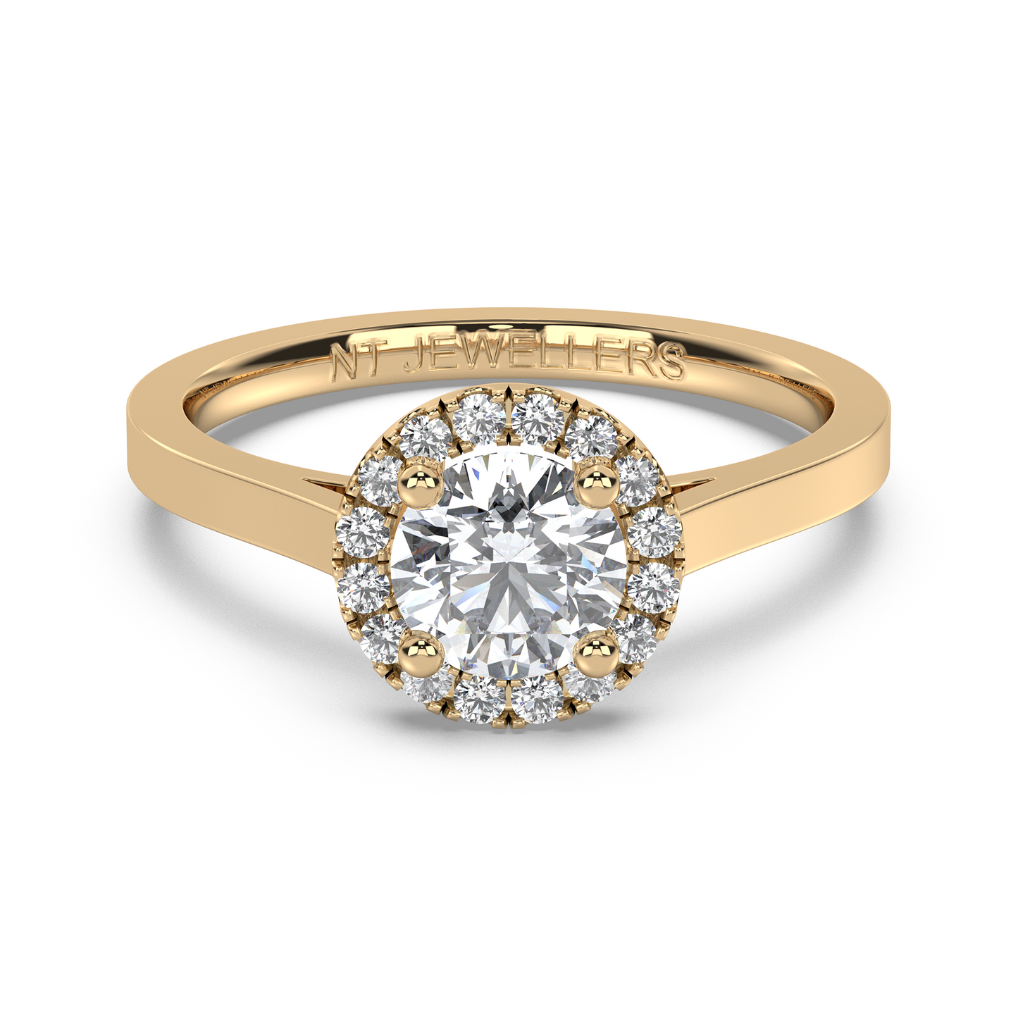 Halo-ring med rundslipad diamant, i rödguld, tidlös elegans