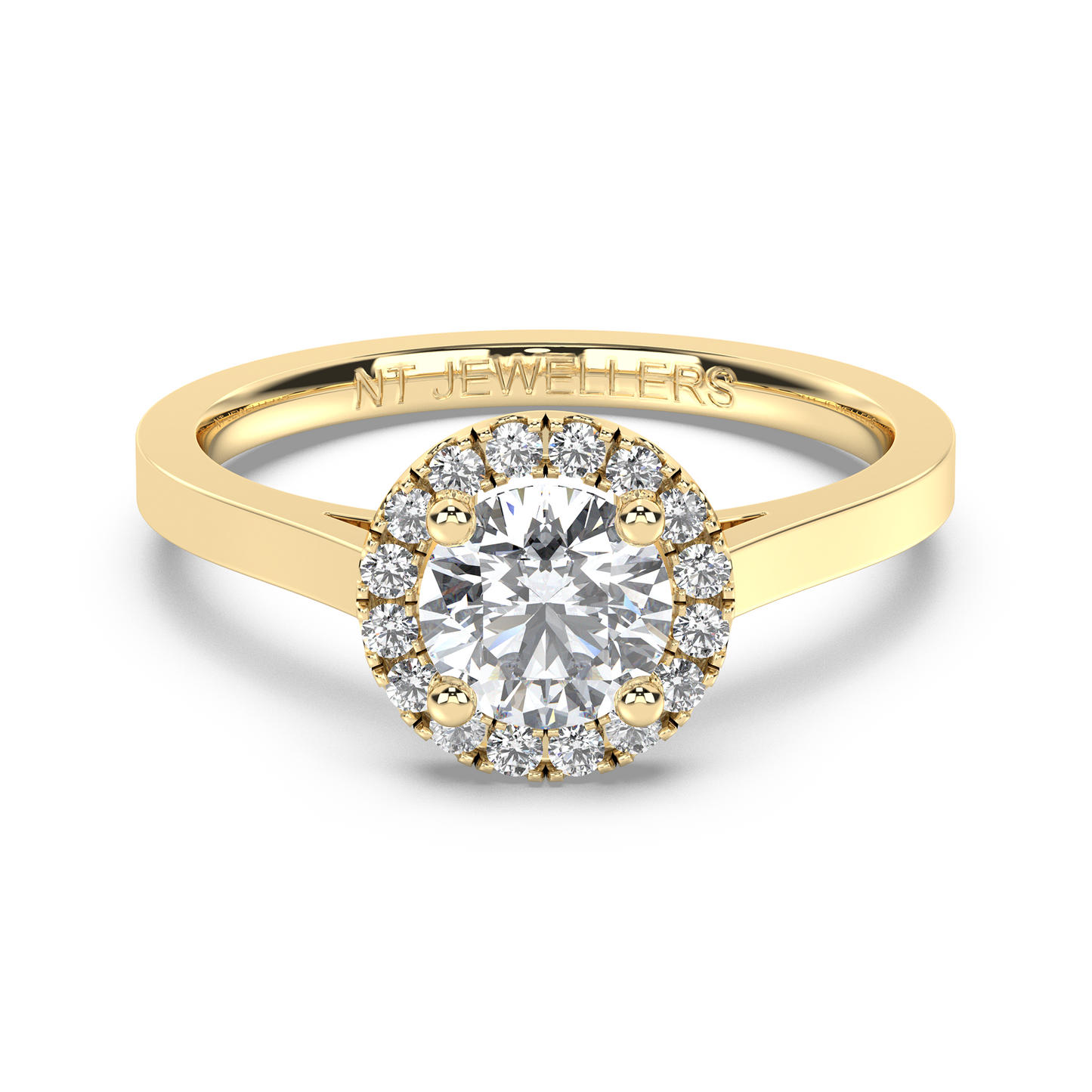 Halo-ring med rundslipad diamant, i gulguld, tidlös elegans