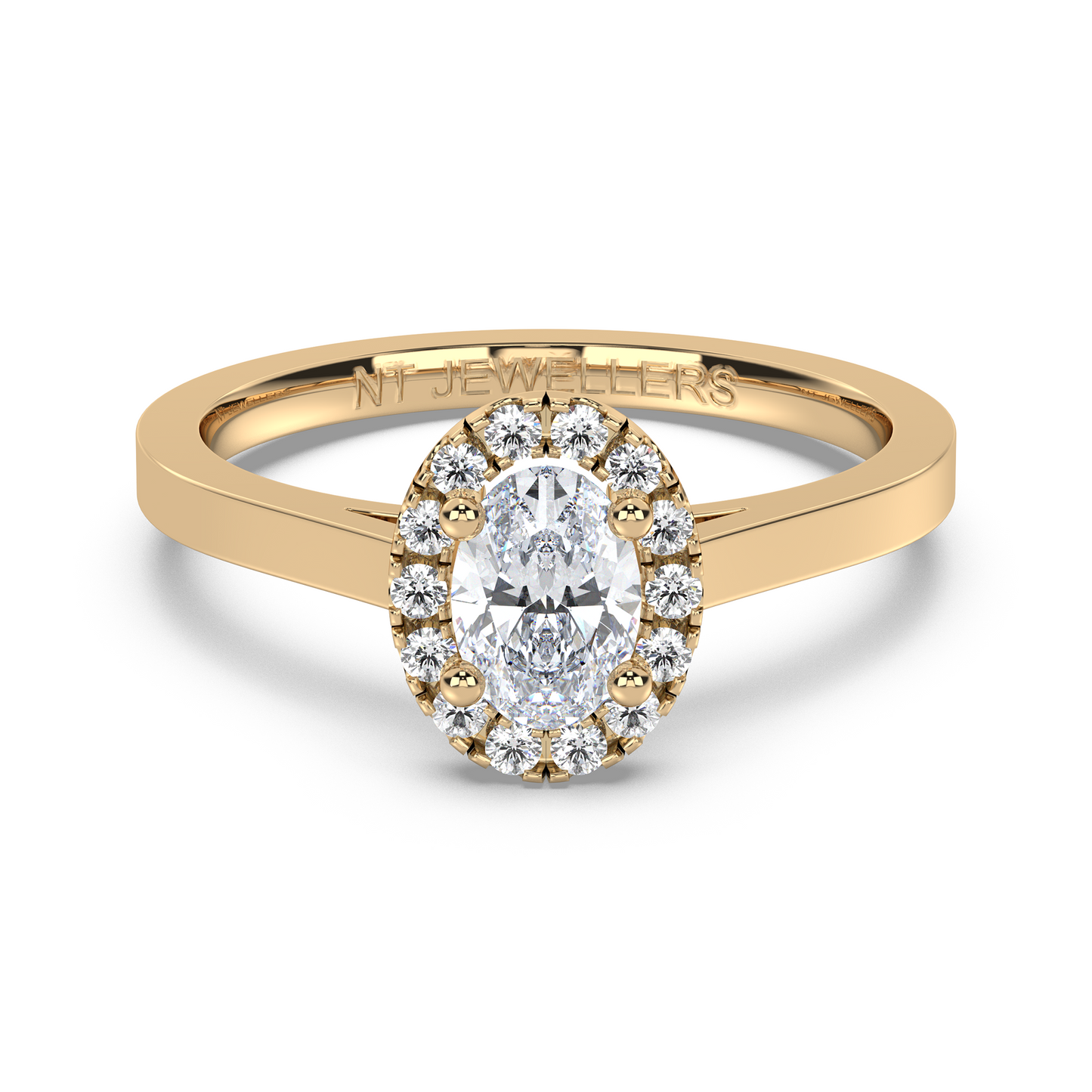 Halo-ring med ovalslipad diamant i rödguld, tidlös elegans