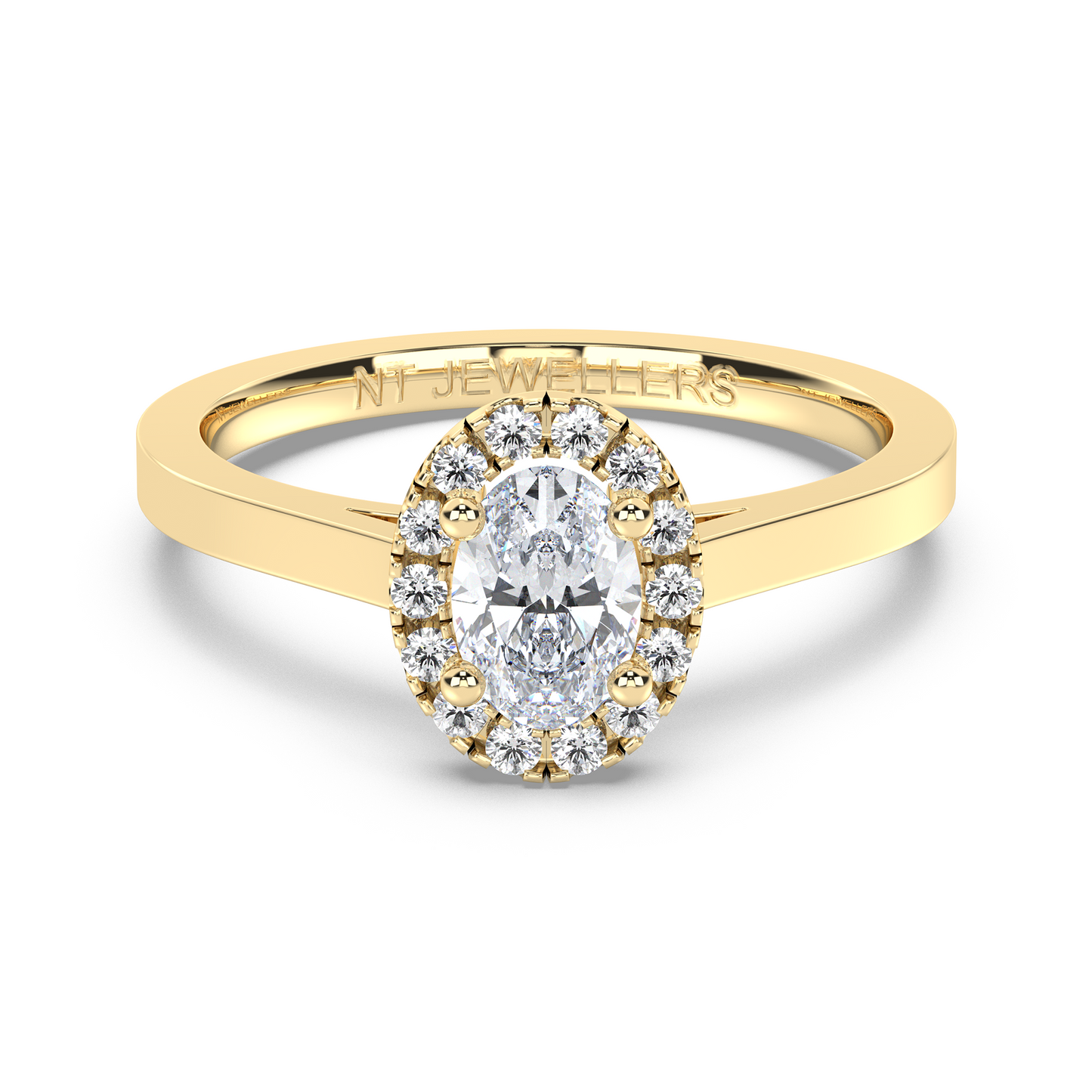 Halo-ring med ovalslipad diamant i gulguld, tidlös elegans