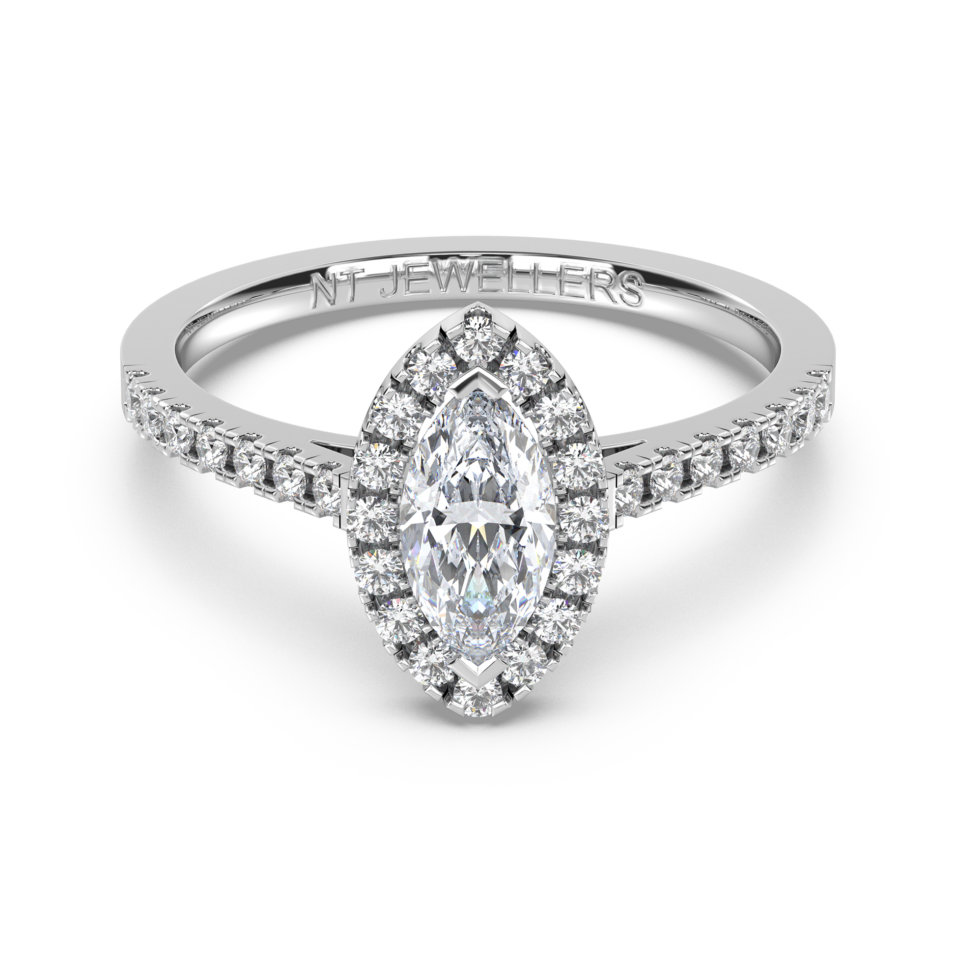 Halo-ring med marquiseslipad diamant  och sidostenar, i platina, tidlös elegans